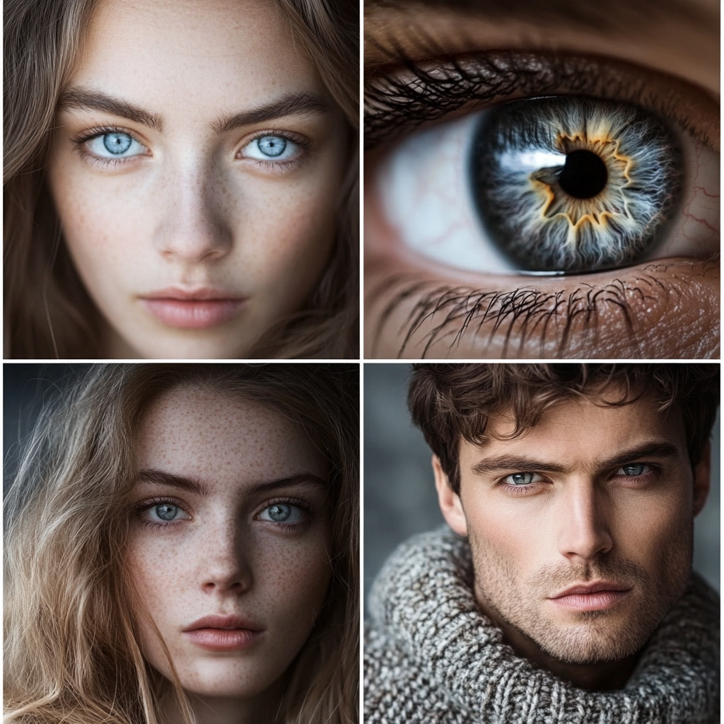 "A collage of four close-up portraits featuring individuals with striking gray and blue eyes, including a detailed macro shot of an eye."