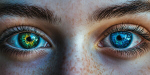 "Extreme close-up of heterochromatic eyes, one green with golden flecks and the other deep blue, showcasing striking iris details."