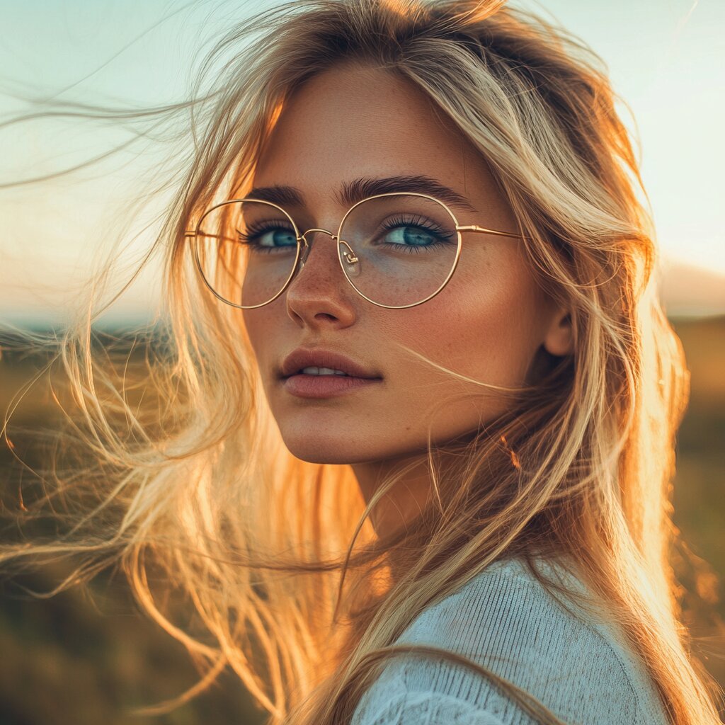Close-up portrait of a blonde woman with piercing blue eyes, wearing gold-rimmed glasses, illuminated by golden sunset light with wind-blown hair in a natural outdoor setting.