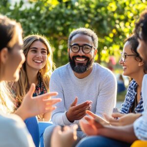A diverse group of people engaged in a lively outdoor conversation, smiling and enjoying a social gathering in a sunny park setting.