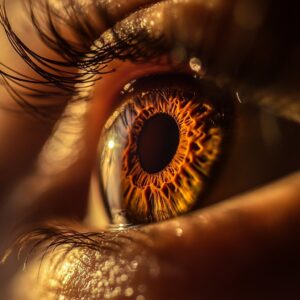 "Extreme close-up of a deep brown human eye with intricate golden iris details, sharp eyelashes, and stunning light reflections, captured in high-resolution macro photography.
