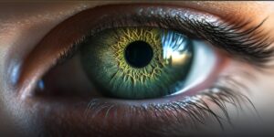"Extreme close-up of a green eye with intricate golden iris details, sharp eyelashes, and high-definition reflections."