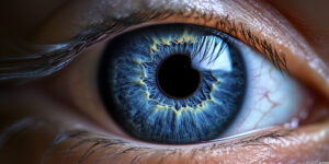 "Extreme close-up of a vibrant blue eye with intricate iris details, sharp eyelashes, and reflective lighting."