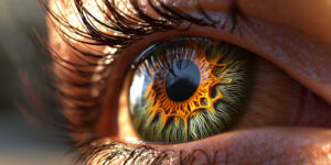 Extreme close-up of a human eye with a striking golden and green iris pattern, showcasing intricate details and reflections." Titel: