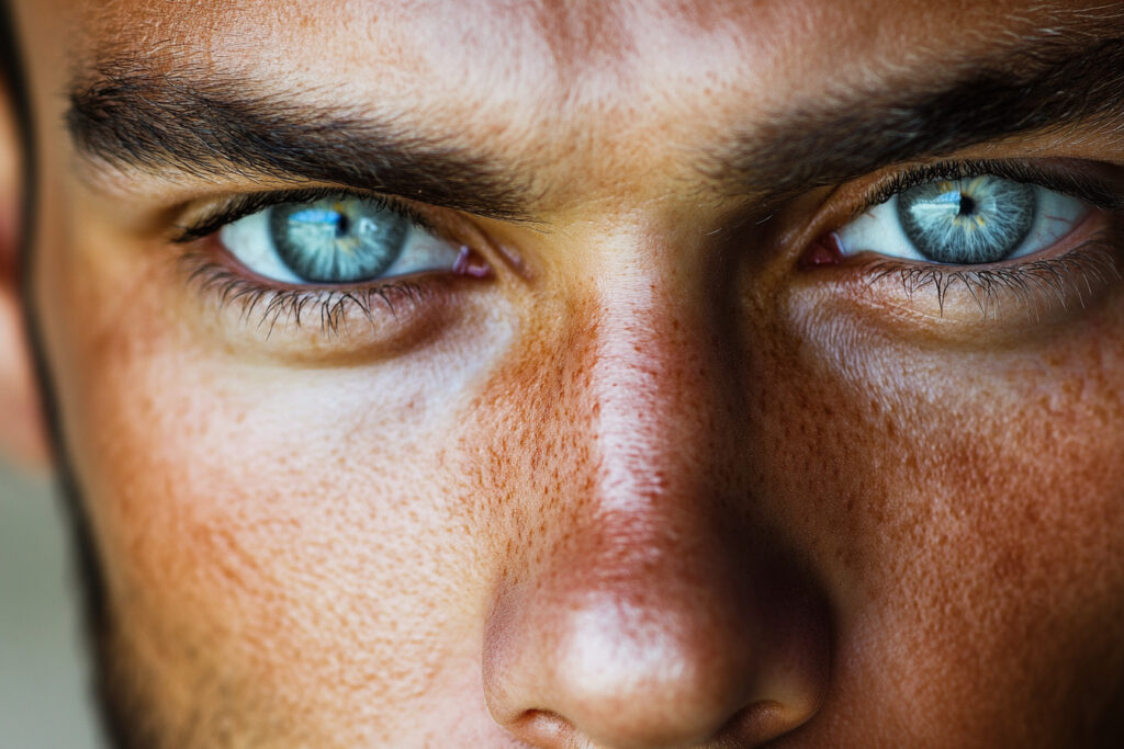 "Extreme close-up of a man's intense blue eyes, with sharp details, tanned skin, and natural facial texture."