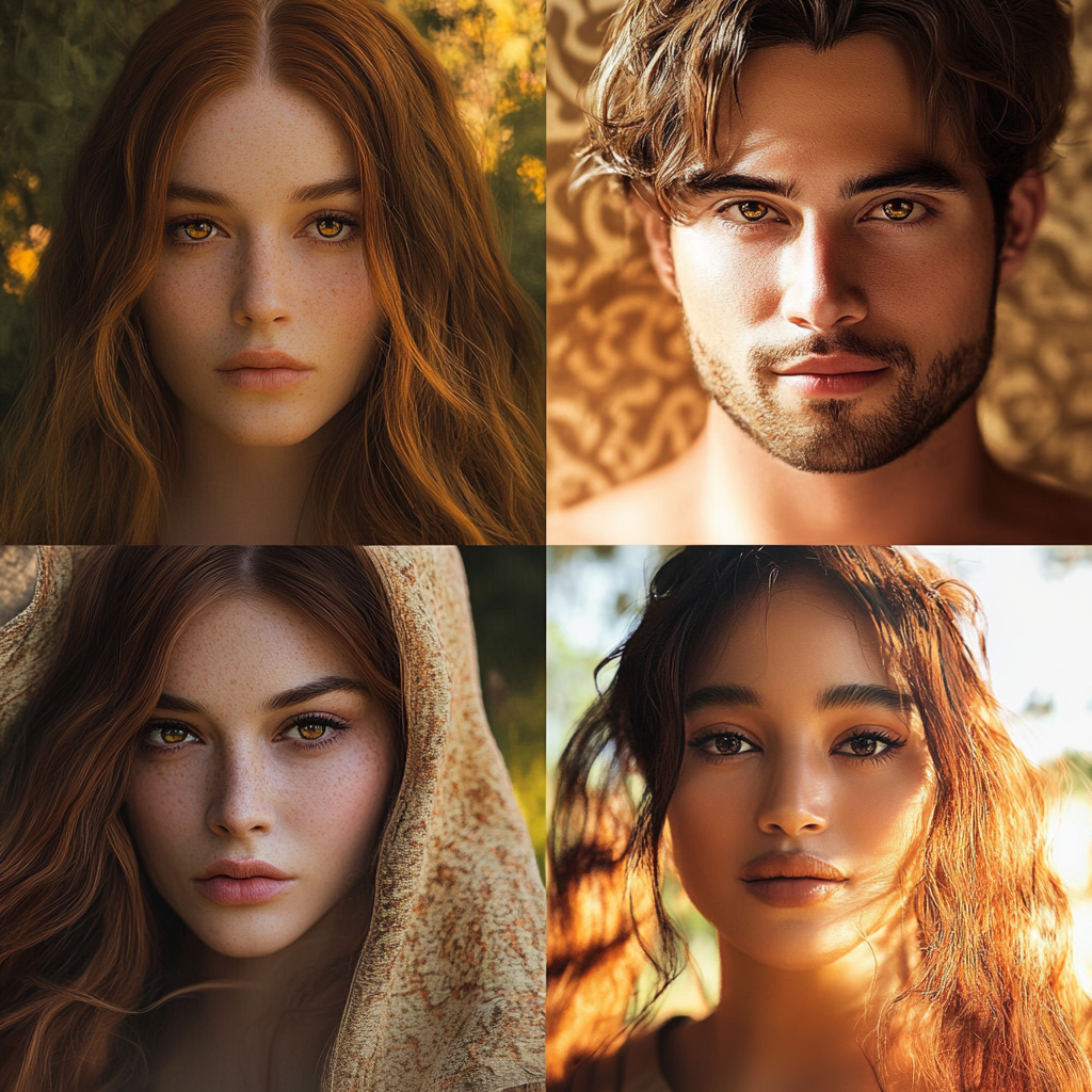 A collage of four people with hazel eyes, showcasing different cultural and aesthetic representations of this unique eye color.