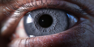 "Extreme close-up of a unique gray eye with intricate iris patterns, sharp eyelashes, and reflective details in high-definition macro photography."