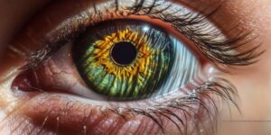 Extreme close-up of a woman's striking blue eye with intricate iris details, long lashes, and natural freckles on fair skin.