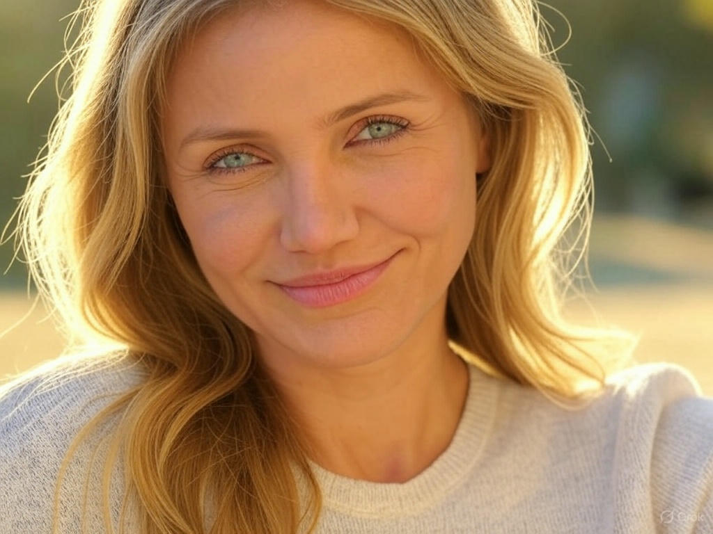 "A radiant blonde woman with green eyes, smiling warmly in golden sunlight, exuding happiness and confidence."
