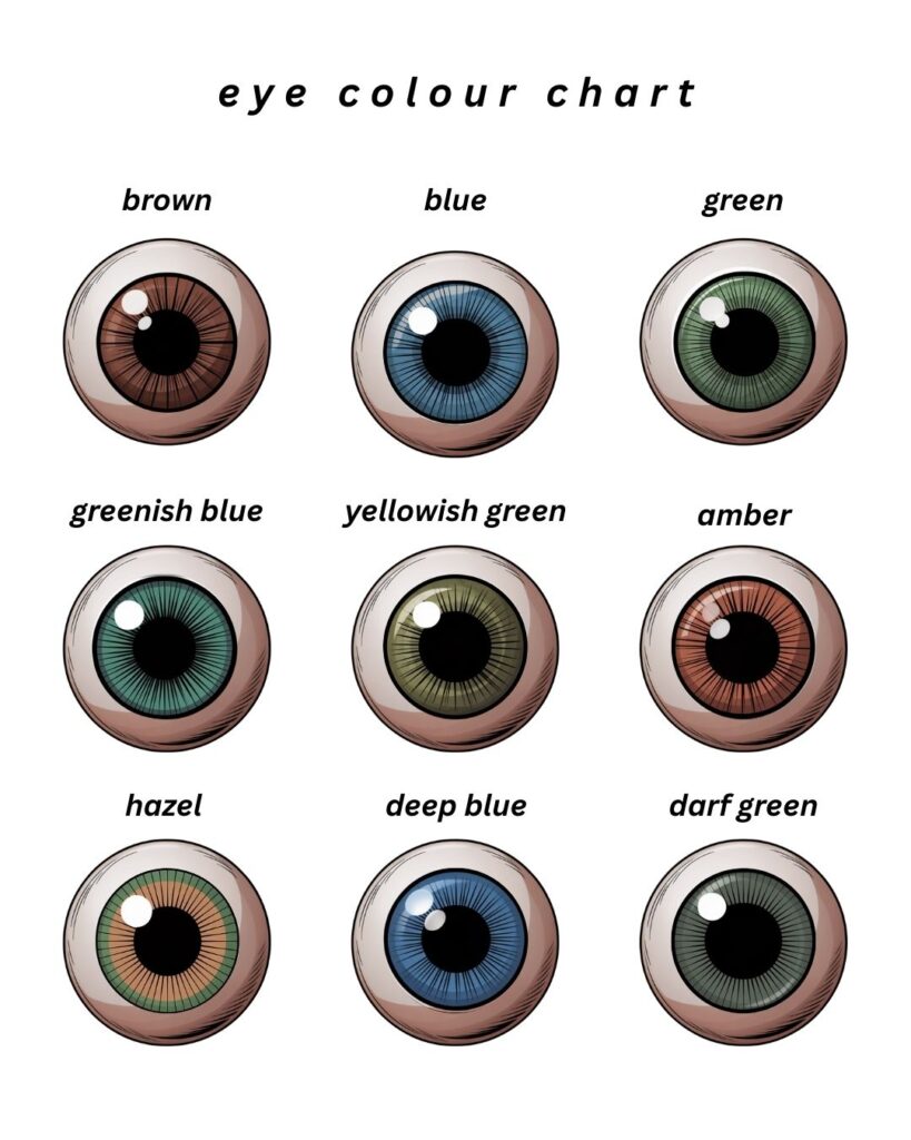 Natural Eye color chart with 16 illustrated examples of different natural eye colors including shades of blue, green, brown, and grey