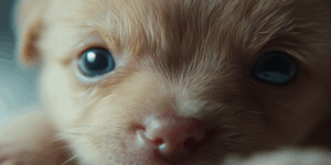 Close-up of a newborn puppy’s face with partially opened bluish eyes, highlighting the delicate fur and emotional expression.