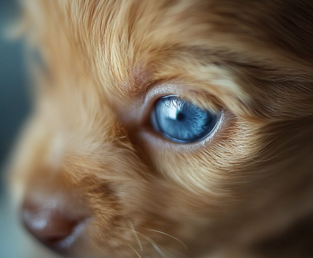 Close-up of a newborn puppy's face showing a vivid blue eye and soft brown fur, representing early vision development.
