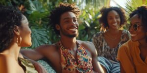 Group of dark-skinned individuals with blue eyes smiling and relaxing outdoors in natural sunlight.