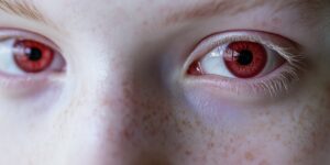 Close-up of naturally red eyes caused by albinism, showing vivid red irises with visible blood vessels due to lack of melanin.