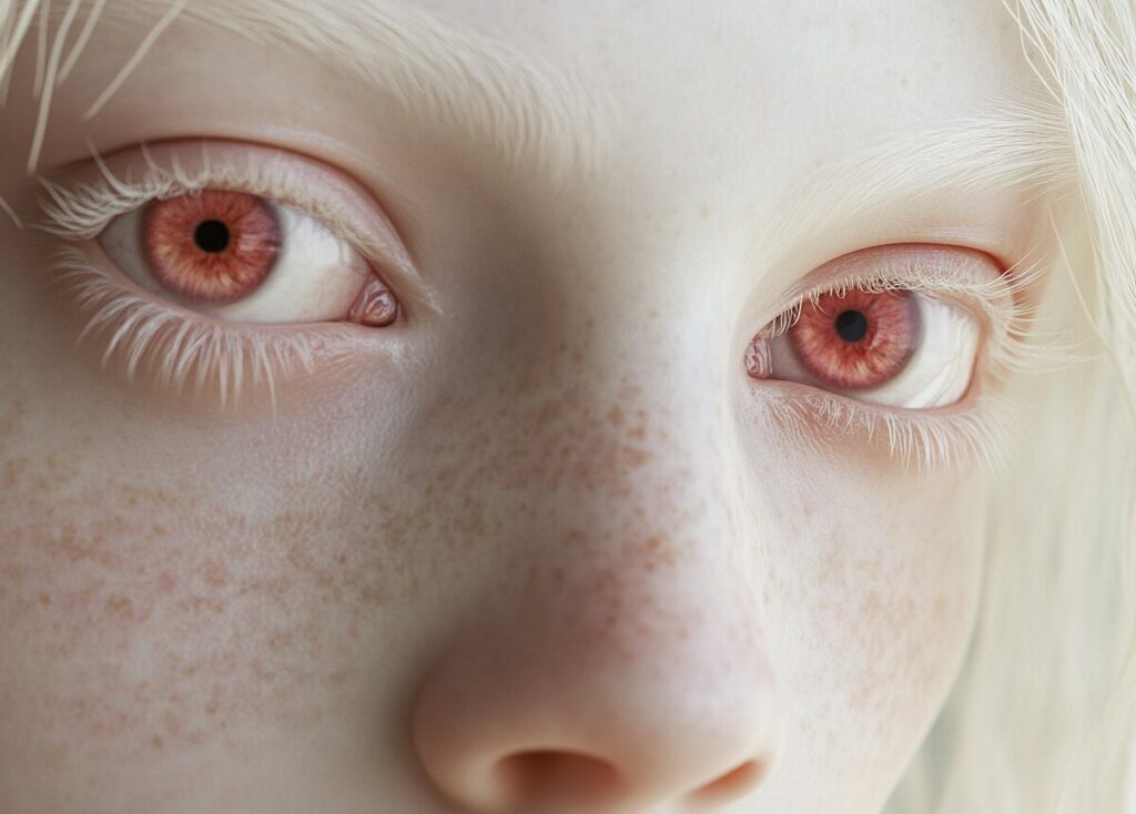 Close-up of a person with albinism showing rare natural red eyes and pale skin, highlighting the lack of melanin in the iris.