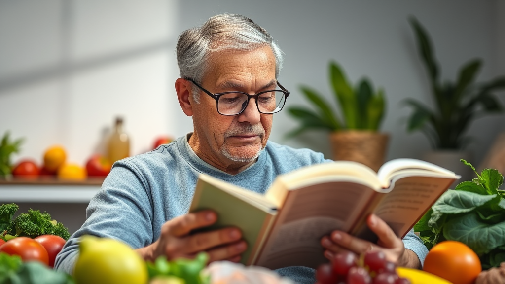A middle-aged person reading a book under good lighting, wearing glasses, surrounded by healthy foods like fruits and leafy greens to promote eye health.