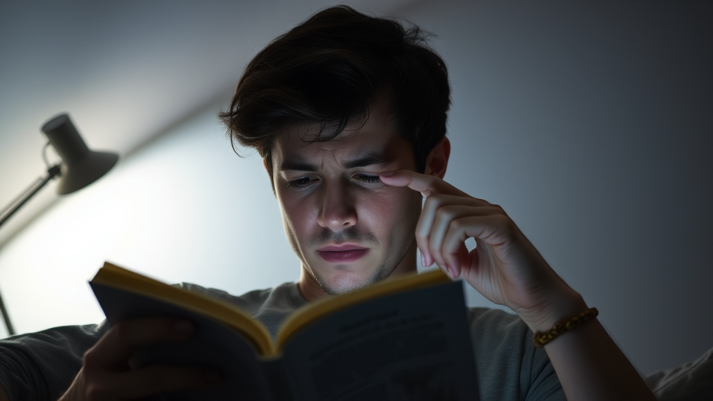 A person reading a book under dim lighting, showing signs of discomfort like squinting and rubbing their eyes, with a lamp providing better illumination nearby.
