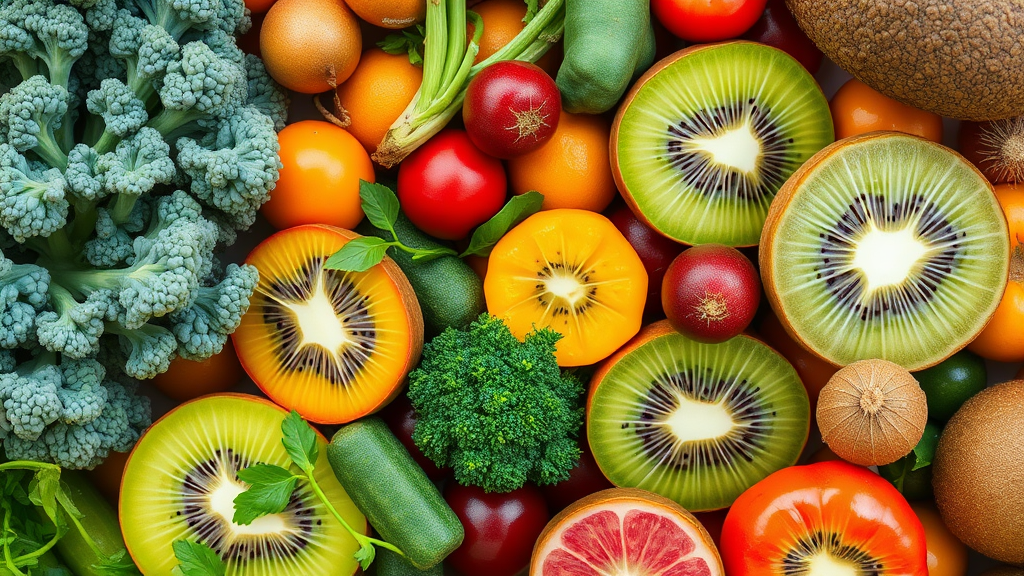 Array of colorful fruits and vegetables rich in lutein and zeaxanthin, including kale, spinach, broccoli, and kiwi, promoting eye health.