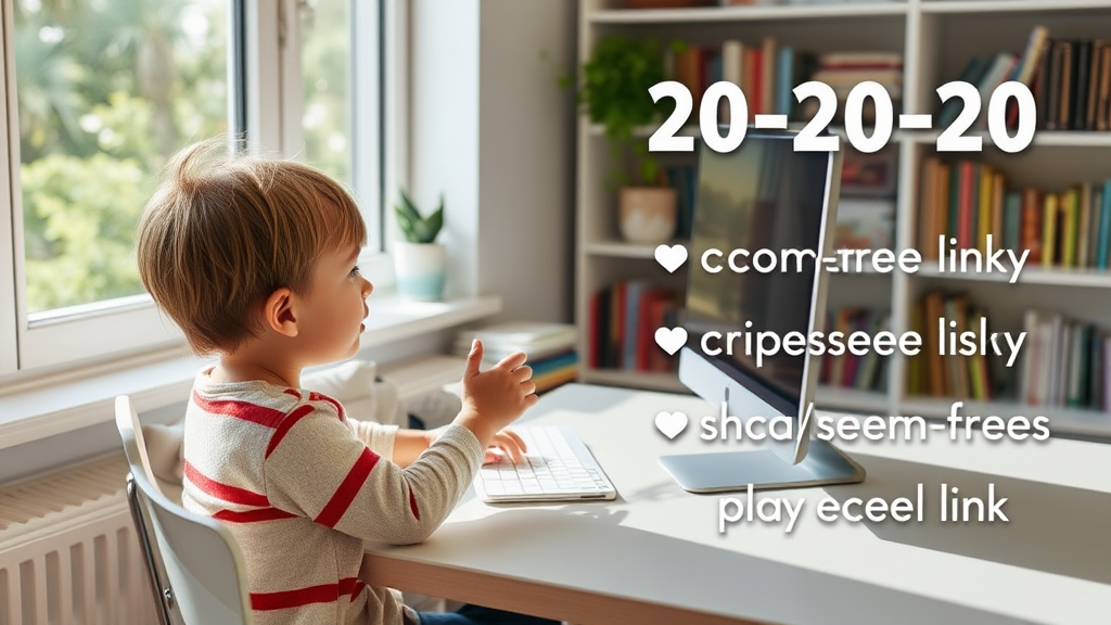 Child practicing the 20-20-20 rule while sitting at a desk with a computer, surrounded by natural light, books, and promoting screen-free play activities.