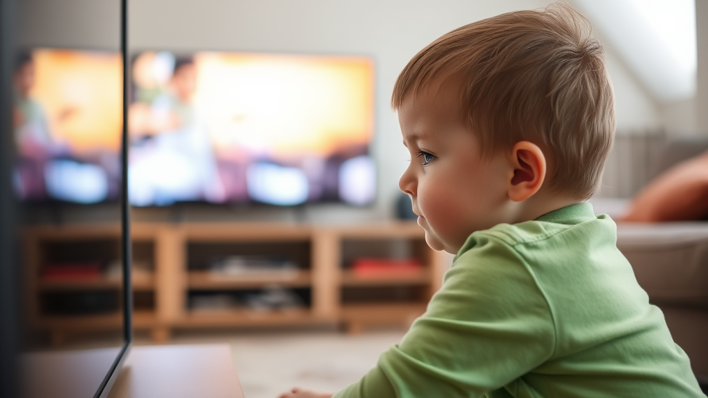 Child sitting close to a television screen, displaying signs of eye strain, with a blurry TV image in the background and a soft-lit room.