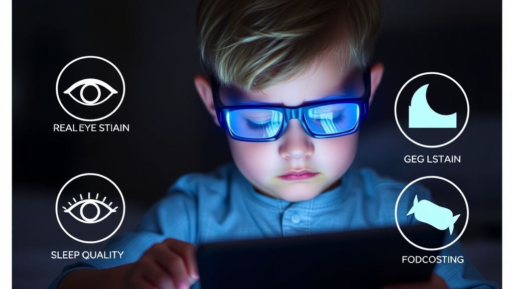 Child wearing blue light glasses while using a tablet, with a concerned expression, surrounded by icons indicating eye strain and sleep quality.