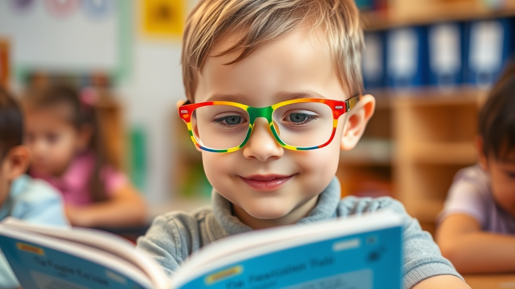 Child wearing colorful corrective glasses while reading a book, demonstrating engagement in a classroom setting, promoting learning and confidence.