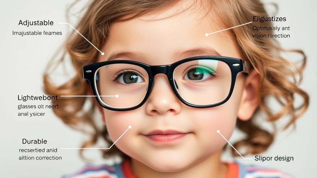 Child wearing well-fitted glasses with adjustable features, lightweight frame, and durable design, ensuring comfort and optimal vision correction.