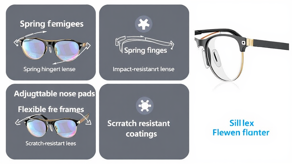 Children's eyeglasses featuring spring hinges, impact-resistant lenses, adjustable nose pads, flexible frames, and scratch-resistant coatings for durability.