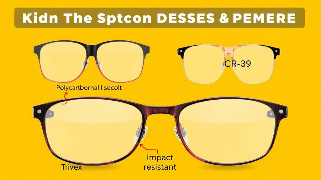 Child's eyeglasses displaying polycarbonate, Trivex, and CR-39 lenses, highlighting their impact resistance, UV protection, and comfort features.
