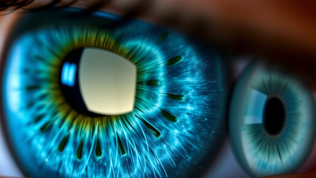 Close-up image of various eye colors: blue, green, and gray, highlighting the unique pigmentation and light scattering effects in the iris.
