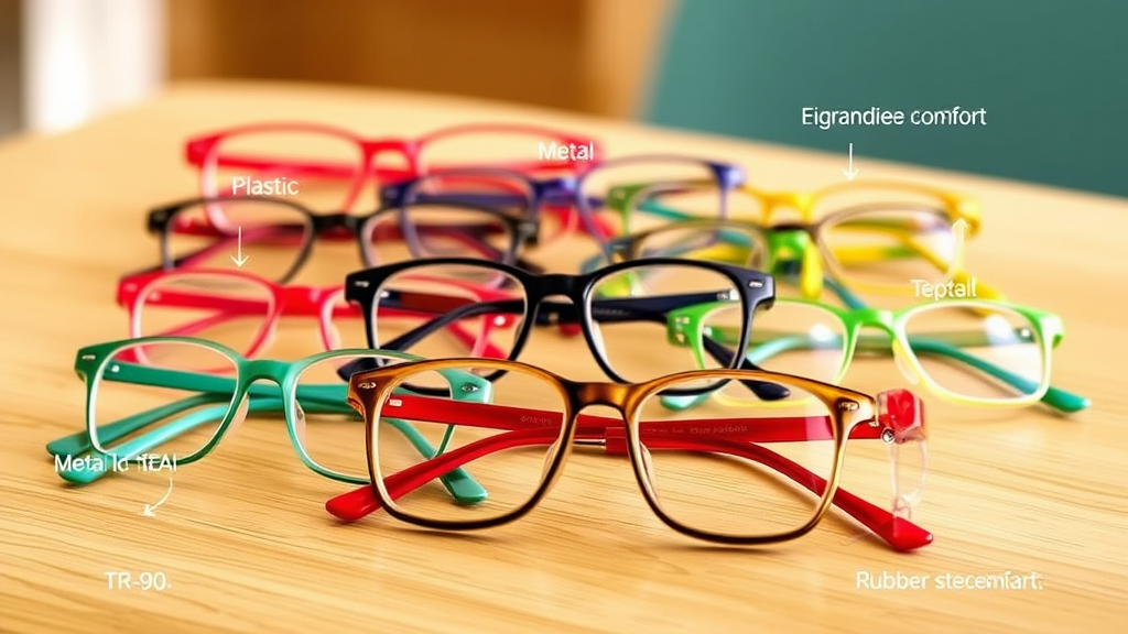 Colorful children's glasses displayed on a table, showcasing various frame materials like plastic, metal, TR-90, and rubber for durability and comfort.