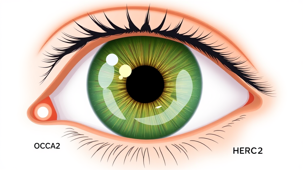 Diagram illustrating eye anatomy showing the iris with varying melanin levels and genes OCA2 and HERC2 linked to green eye color genetics.