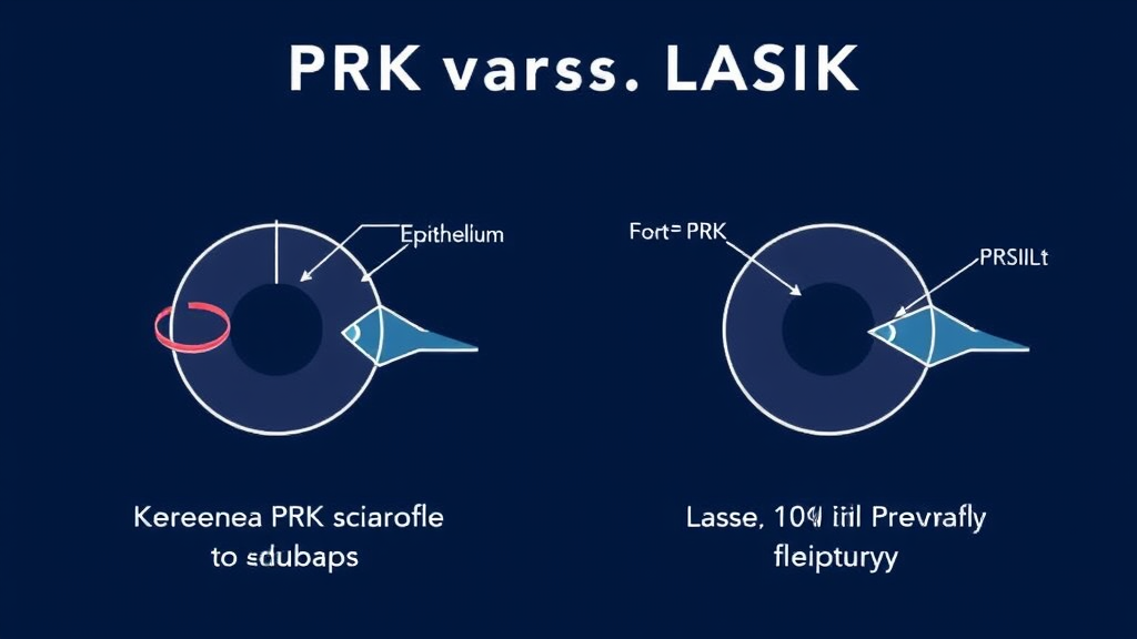 Diagram illustrating the PRK and LASIK procedures, showing corneal reshaping steps, epithelium removal for PRK, and flap creation for LASIK surgery.