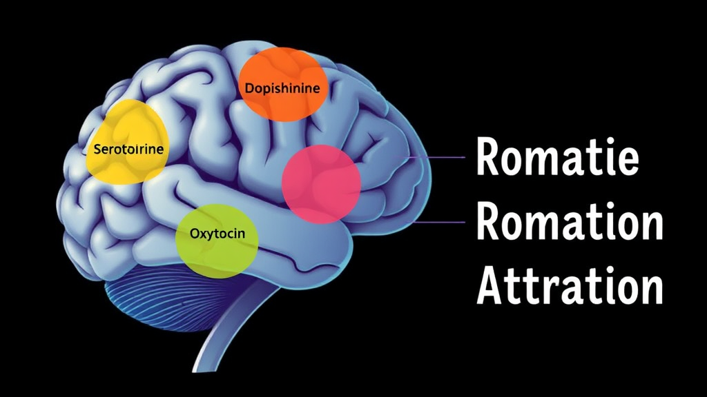 Illustration depicting the brain with highlighted areas for dopamine, norepinephrine, serotonin, and oxytocin, showcasing their roles in romantic attraction.