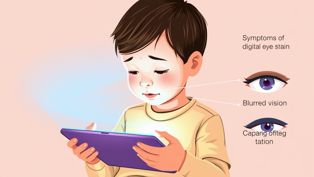 Illustration showing a child using a tablet with visible blue light, alongside symptoms of digital eye strain, like headaches and blurred vision.