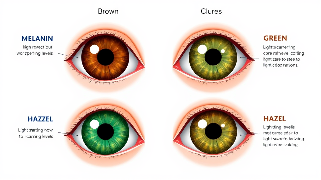Illustration showing human irises with varying eye colors: brown, blue, green, and hazel, highlighting melanin levels and light scattering effects.