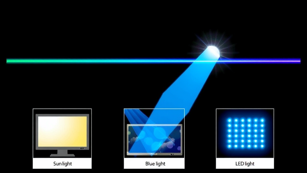 Illustration showing the spectrum of visible light highlighting the blue light range, alongside images of sunlight, digital screens, and LED lights emitting blue light.