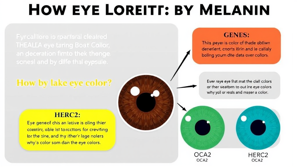 Infographic illustrating how eye color is determined by melanin, featuring key genes OCA2, HERC2, and their roles in producing various eye colors.
