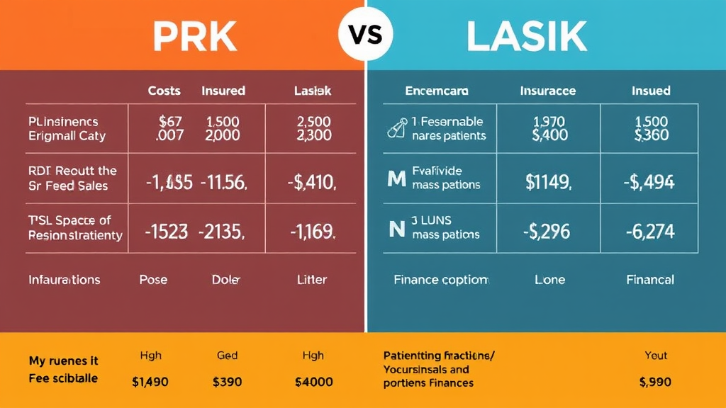 Infographic showcasing financial comparison of PRK and LASIK, highlighting costs, insurance coverage, and financing options for patients considering eye surgery.