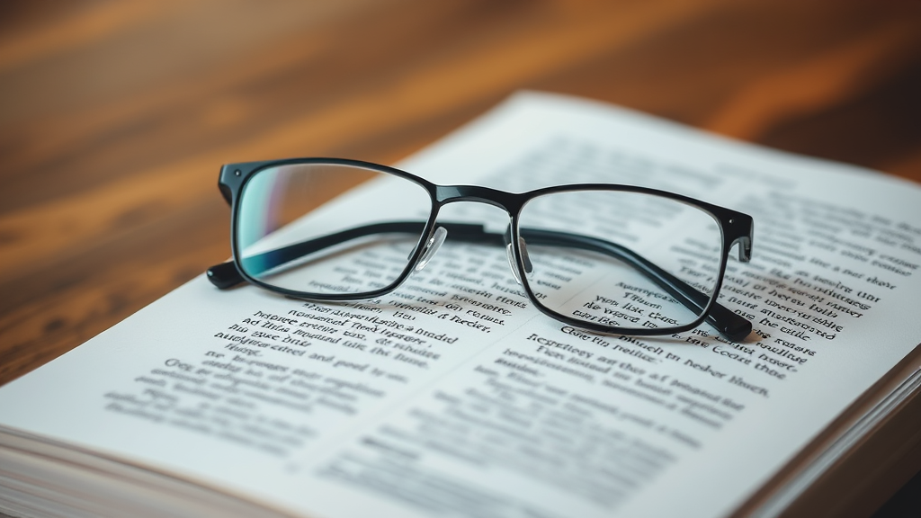 Pair of reading glasses resting on an open book, illustrating their use in helping individuals with presbyopia focus on small text.