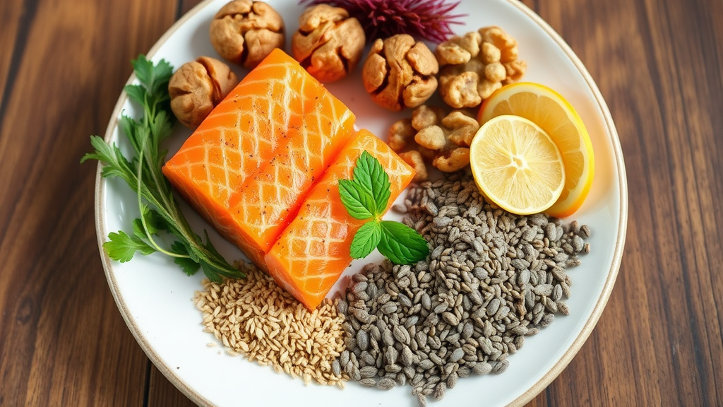 Plate featuring omega-3 rich foods including salmon, walnuts, flaxseeds, and chia seeds, emphasizing their benefits for retinal health.