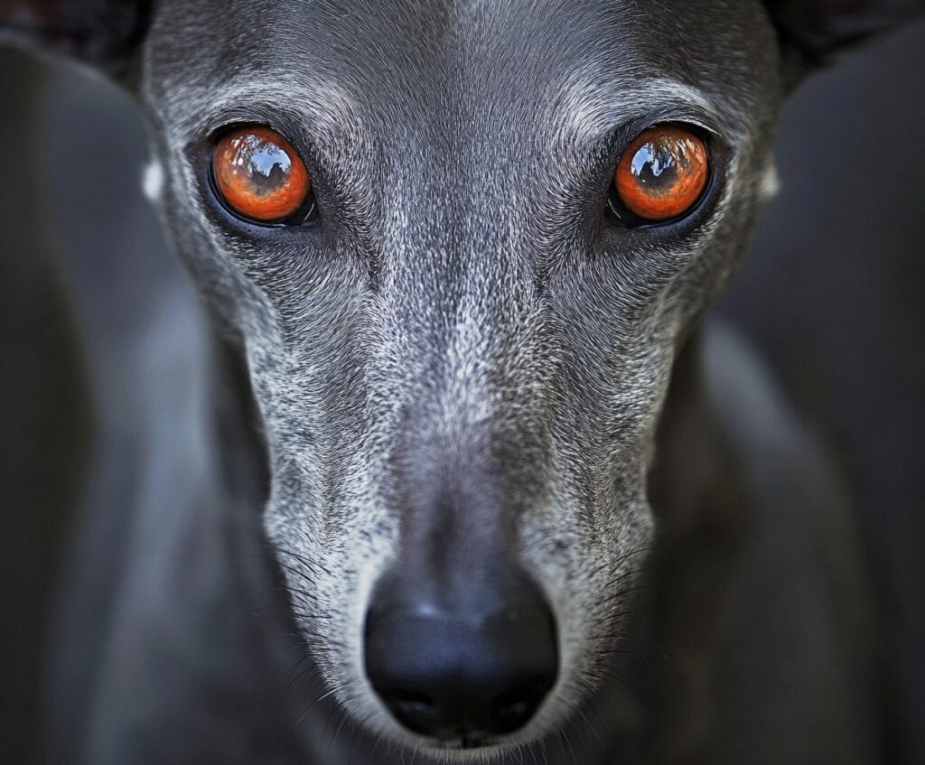 Why Are My Dog's Eyes Red? Close-up of a greyhound with striking, intense red eyes, staring directly into the camera.