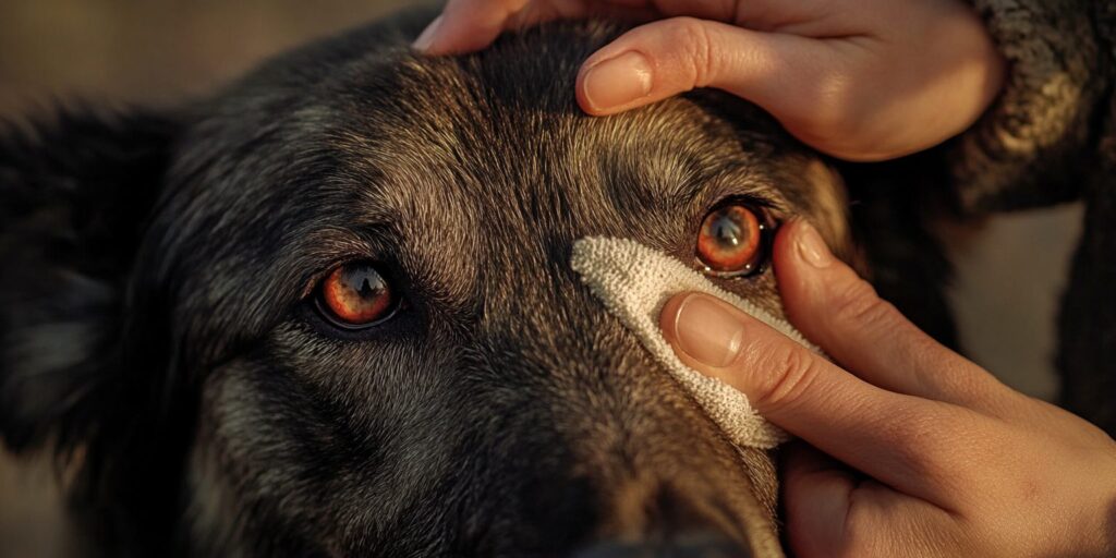 Close-up of a greyhound with striking, intense red eyes, staring directly into the camera.