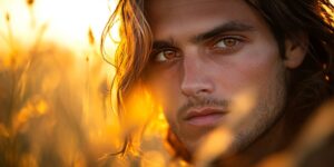 Close-up portrait of a man with long hair and striking amber eyes, captured in warm, golden hour light.