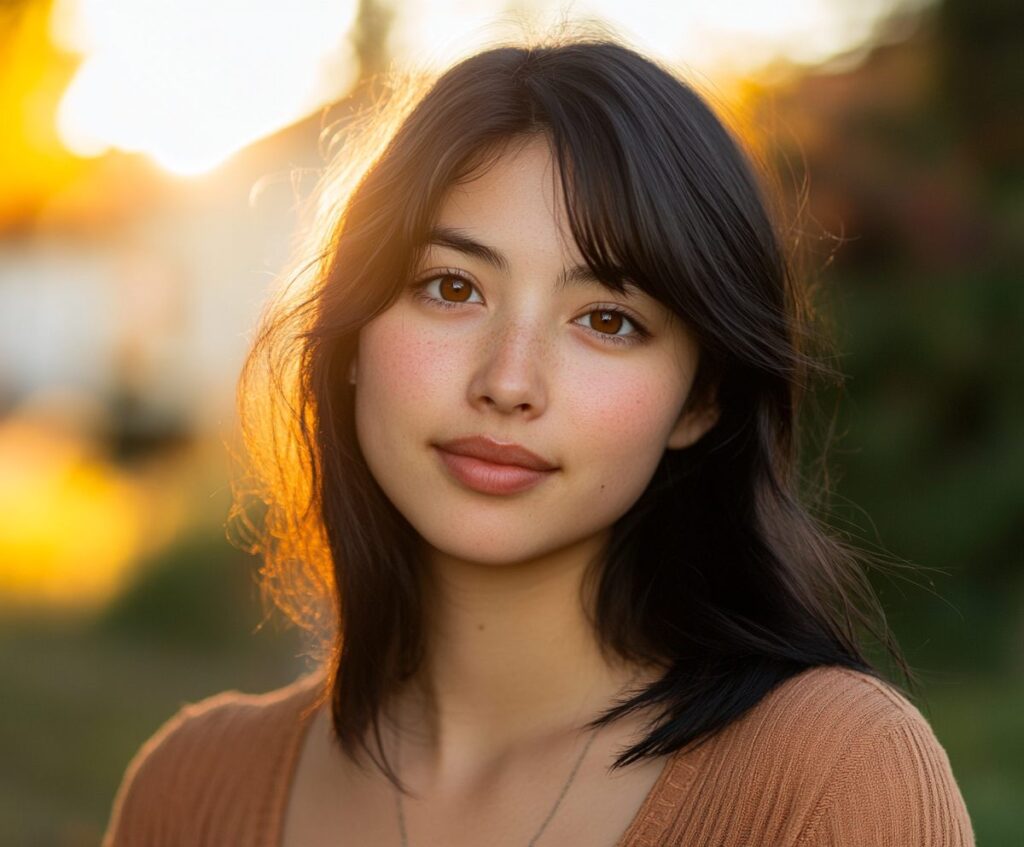 amber eyes Soft, natural portrait of a woman with amber eyes, glowing in warm sunset light.
