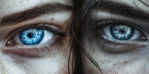Blue Eyes vs. Grey Eyes: High-resolution close-up of two human eyes – one vibrant blue and the other cool grey – showing the intricate details of the iris patterns.