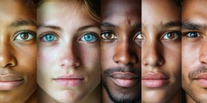 Portrait series showing people from diverse backgrounds, each with unique eye colors, emphasizing the genetic diversity revealed in recent studies.