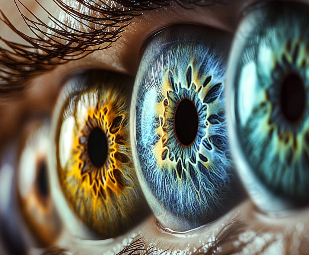 Close-up of multiple human irises with vibrant colors and intricate patterns, showcasing the diversity of eye colors.