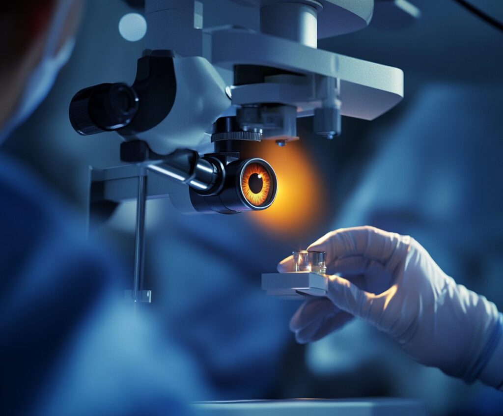 Close-up of a high-tech eye examination with an ophthalmologist using a specialized microscope to inspect a patient's eye.