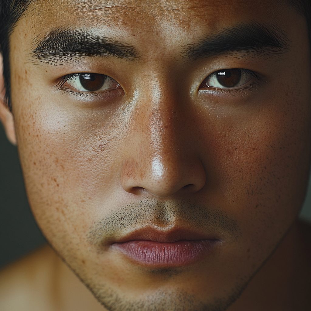 Detailed close-up portrait of an East Asian man with intense eyes and natural skin texture, reflecting strength and depth.
